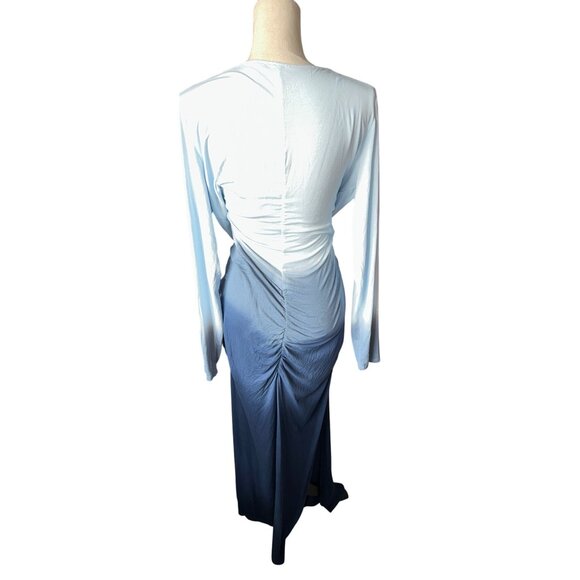Venus Blue Ombre Long-Sleeve Maxi Dress With Lace-Up Neckline Ruched Side XL - Picture 4 of 6